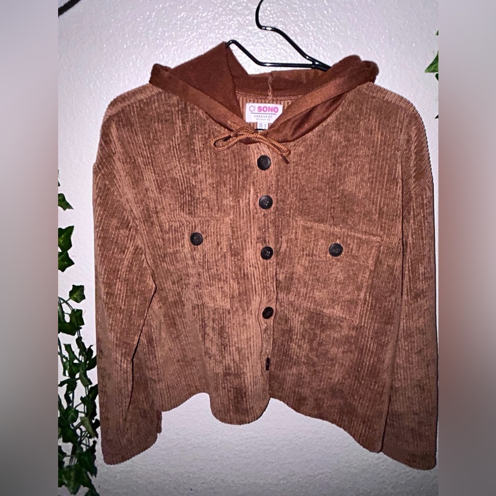 Brown Corduroy button up hoodie! Functioning pockets🤩